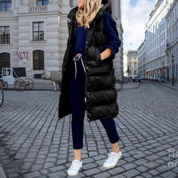 Women's Extra-Long Relaxed Quilted Gilet with Attached Hood - Black