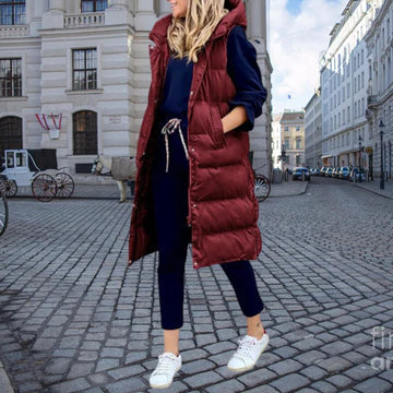 Women's Extra-Long Relaxed Quilted Gilet with Attached Hood - Wine Red