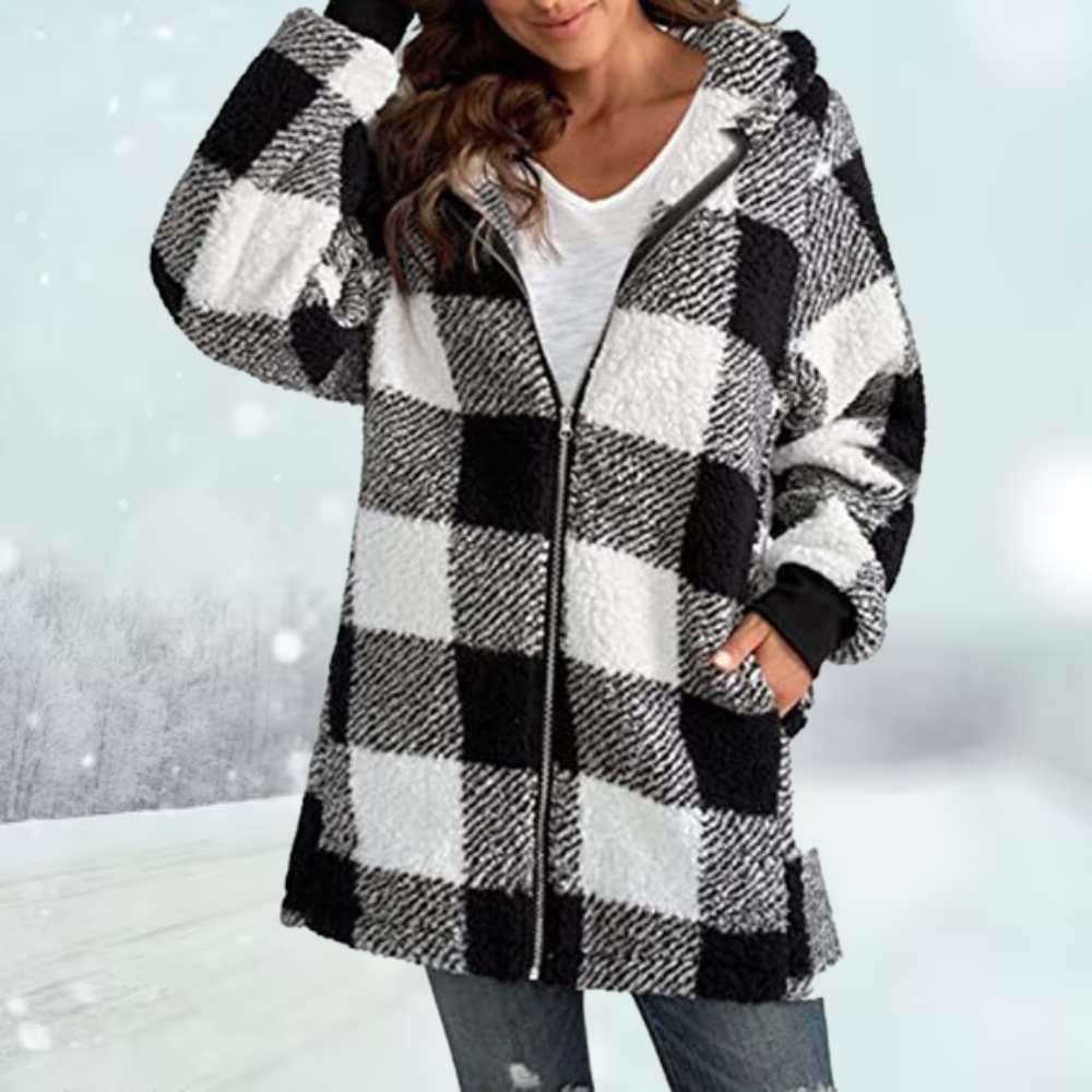 Women's Large Check Teddy Fleece Coat with Deep Pockets - Black