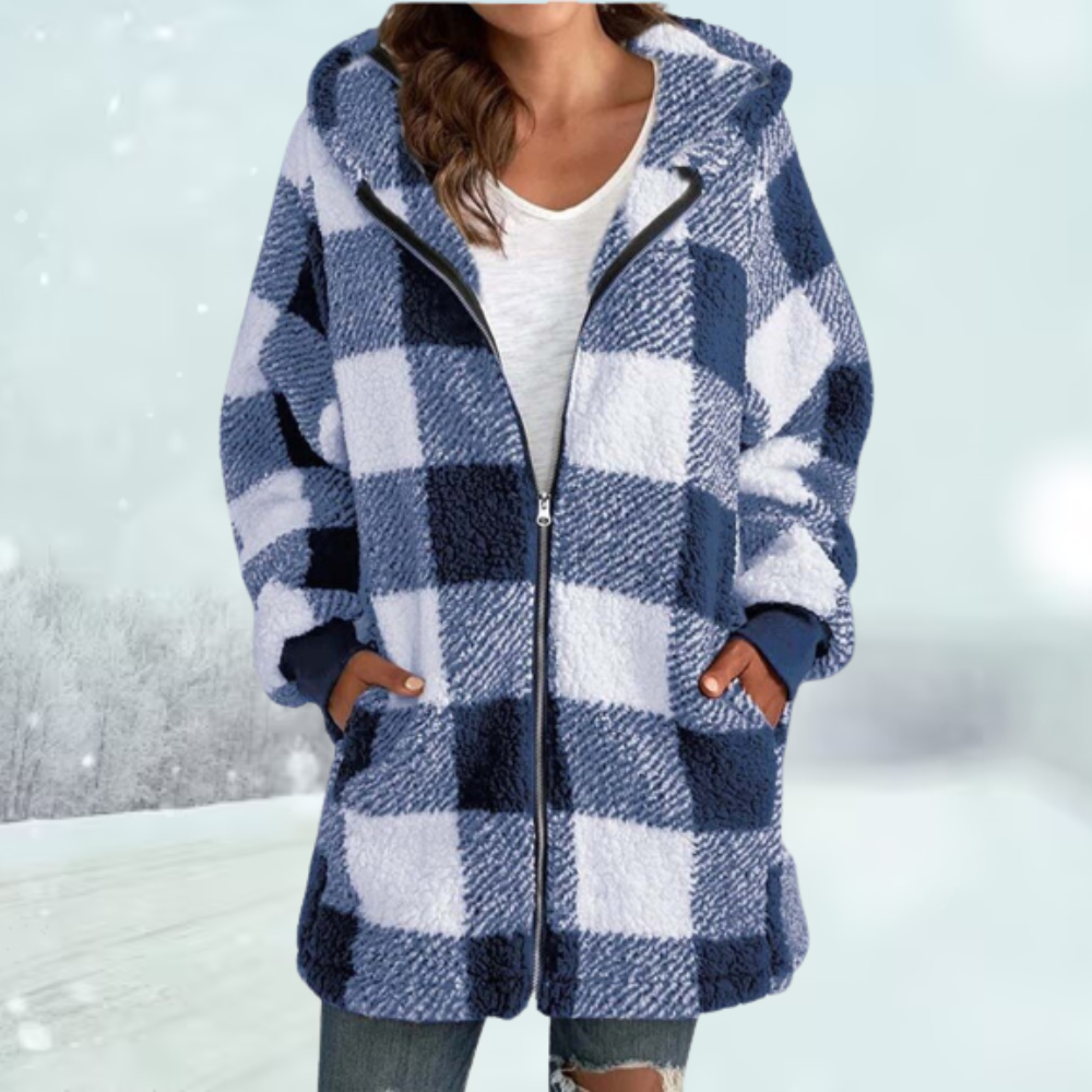 Women's Large Check Teddy Fleece Coat with Deep Pockets - Blue