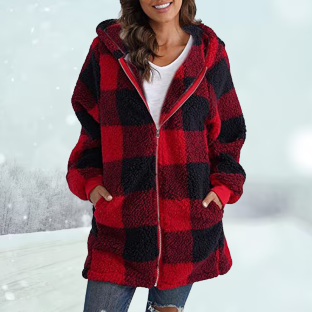 Women's Large Check Teddy Fleece Coat with Deep Pockets - Red
