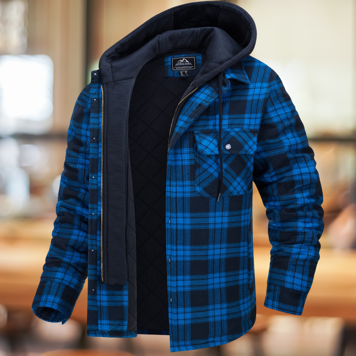 Men's Layered-Front Quilted Check Jacket with Shirt Collar and Hood - Navy Blue