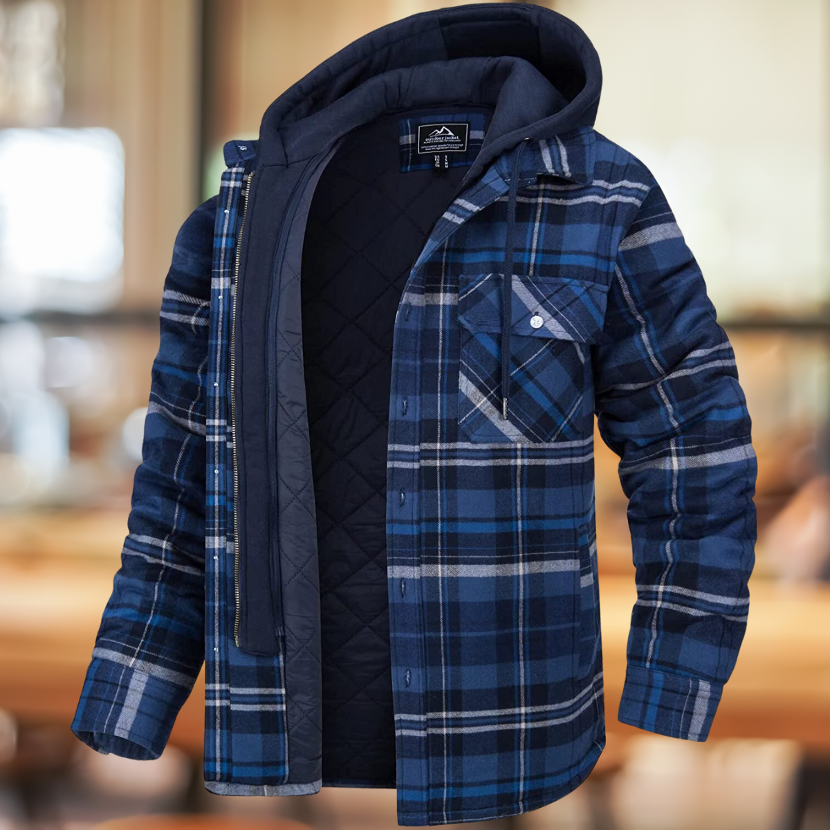 Men's Layered-Front Quilted Check Jacket with Shirt Collar and Hood - Dark Blue