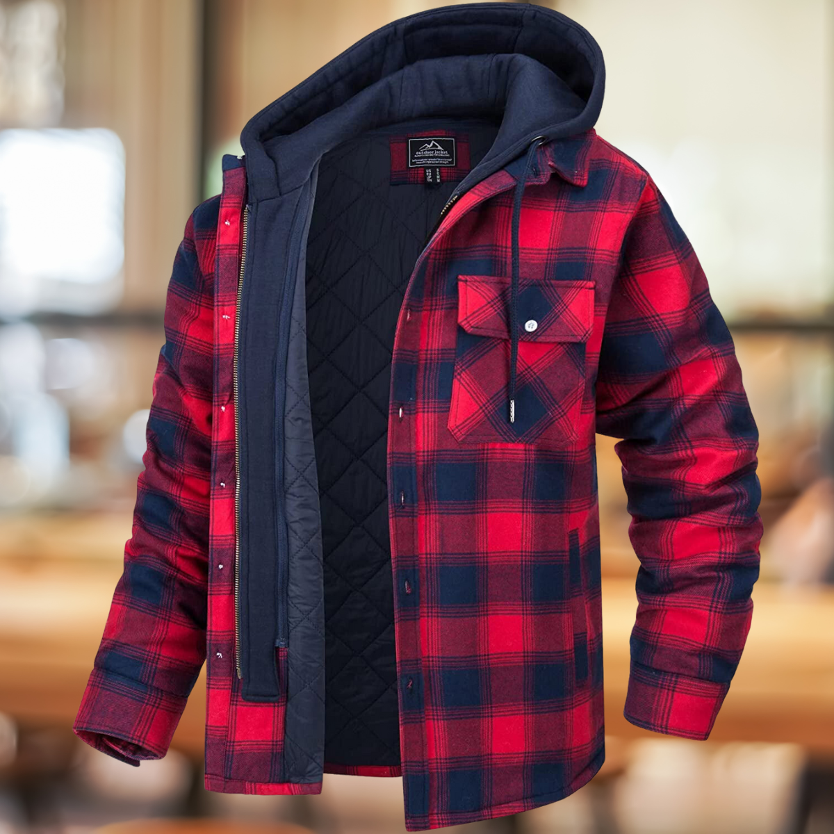 Men's Layered-Front Quilted Check Jacket with Shirt Collar and Hood - Red