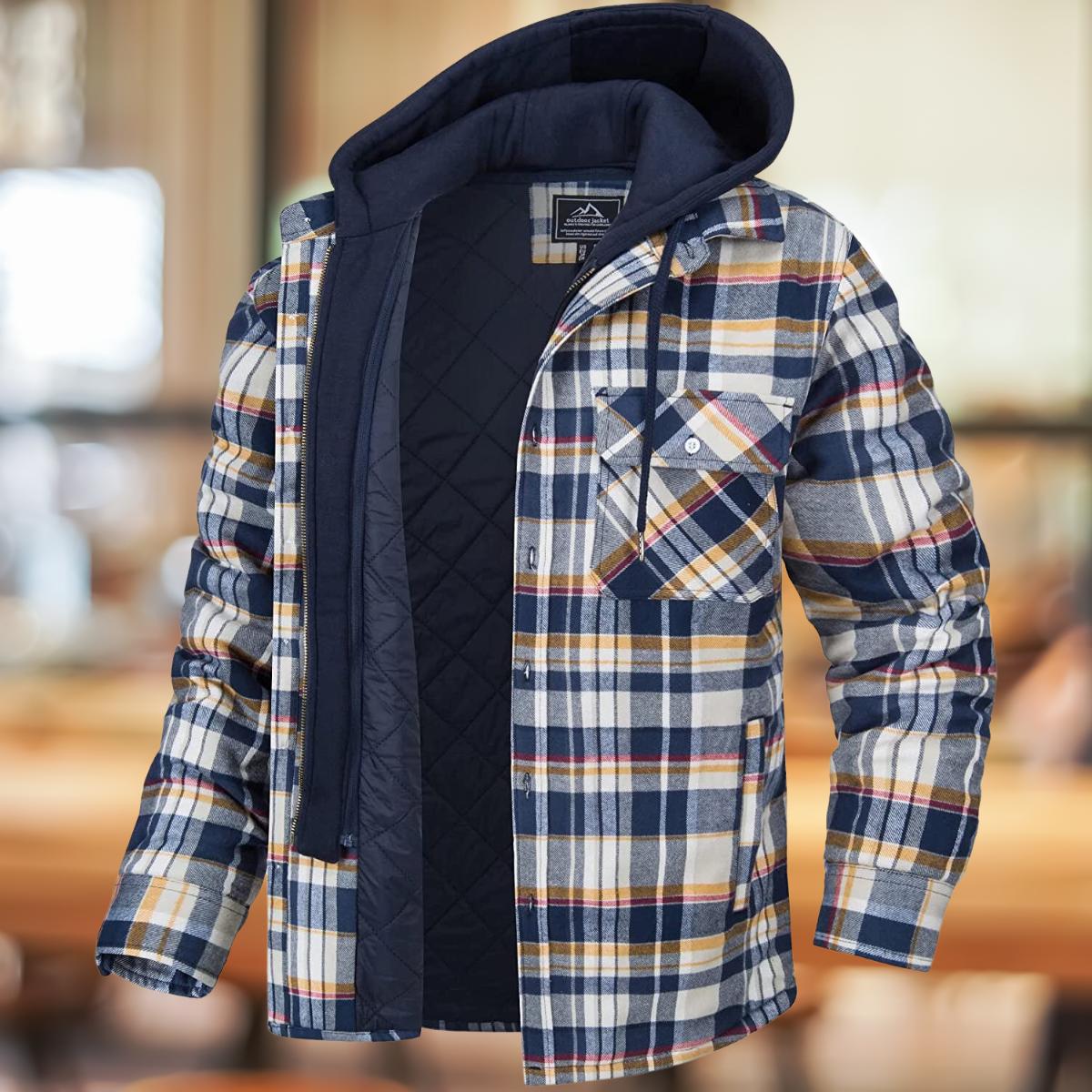 Men's Layered-Front Quilted Check Jacket with Shirt Collar and Hood - Orange