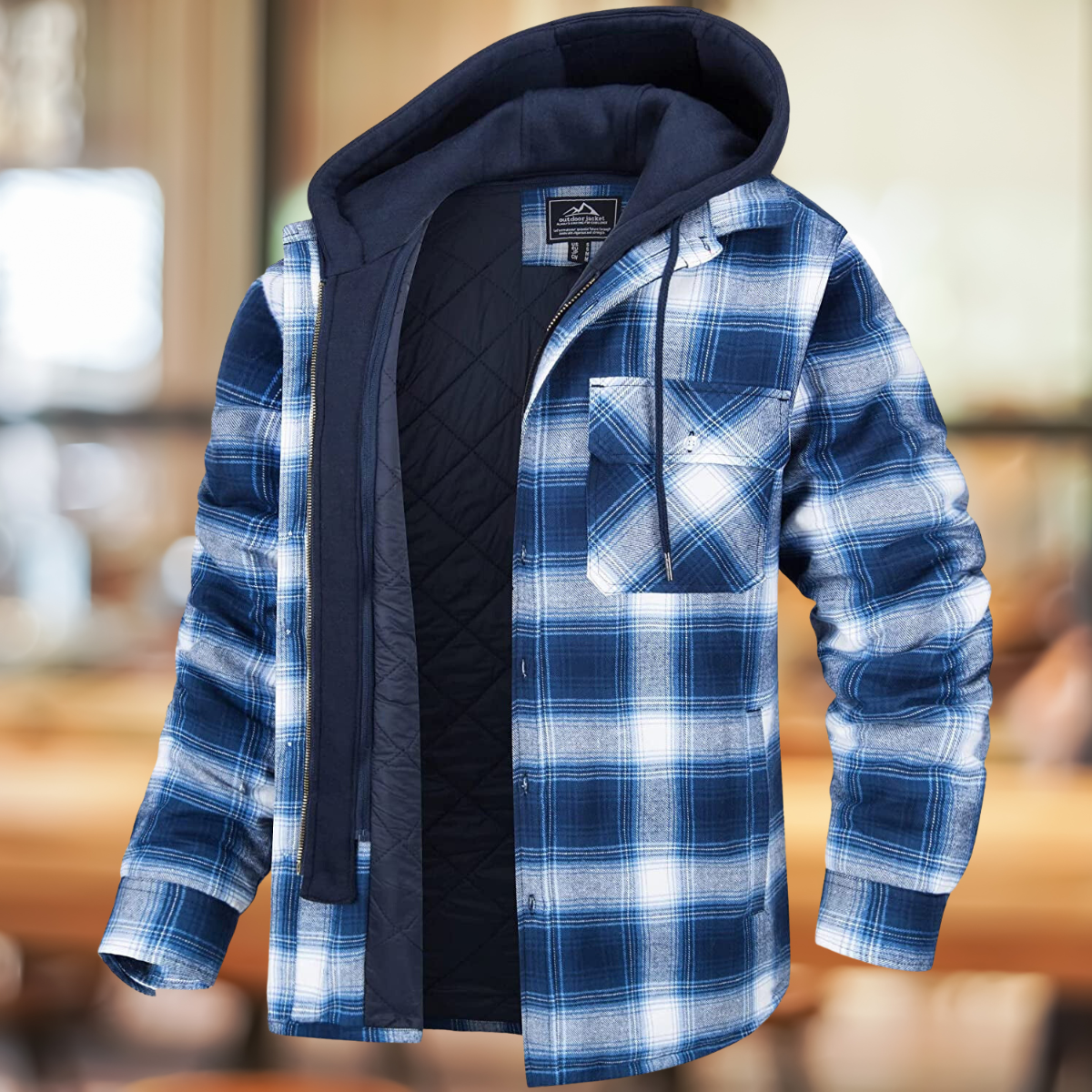 Men's Layered-Front Quilted Check Jacket with Shirt Collar and Hood - Blue