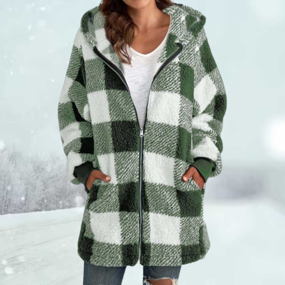 Women's Large Check Teddy Fleece Coat with Deep Pockets - Green