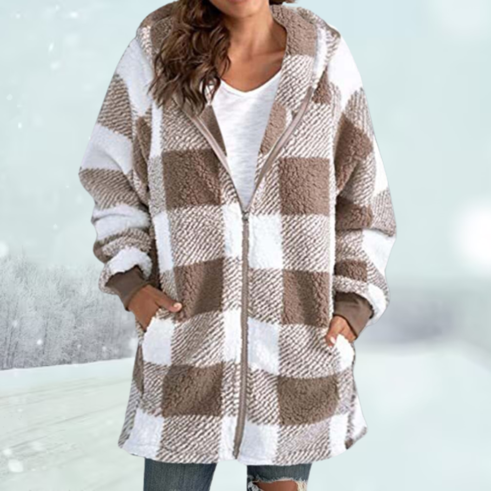 Women's Large Check Teddy Fleece Coat with Deep Pockets - Khaki