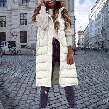 Women's Extra-Long Relaxed Quilted Gilet with Attached Hood - White