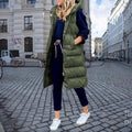 Women's Extra-Long Relaxed Quilted Gilet with Attached Hood - Olive Green