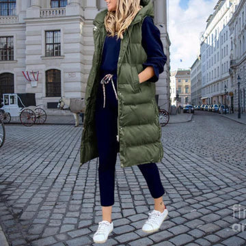 Women's Extra-Long Relaxed Quilted Gilet with Attached Hood - Olive Green