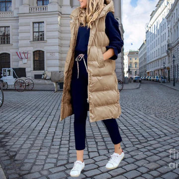 Women's Extra-Long Relaxed Quilted Gilet with Attached Hood - Khaki