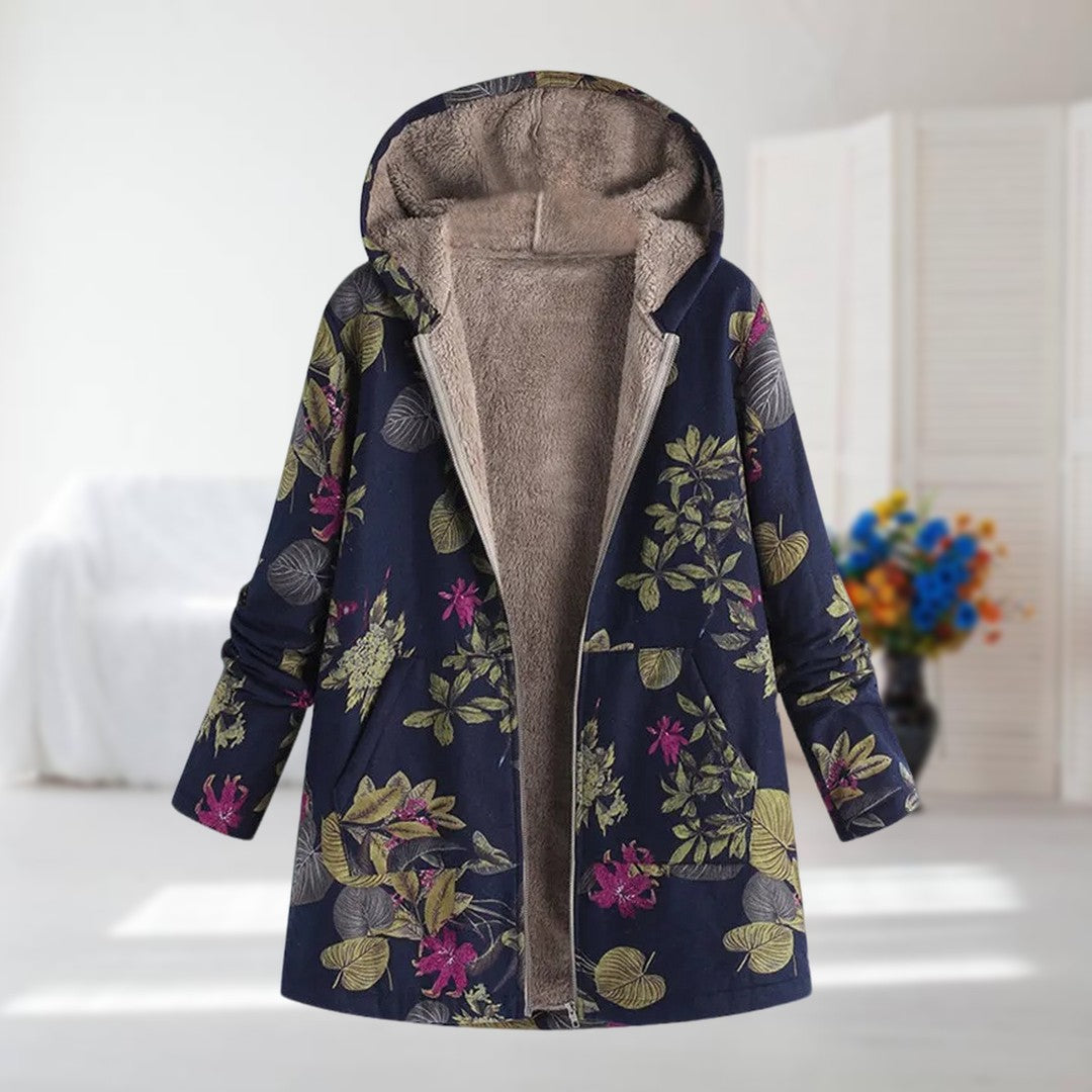 Women's Fleece-Lined Hooded Jacket in a Flower and Leaf Print - Dark Blue