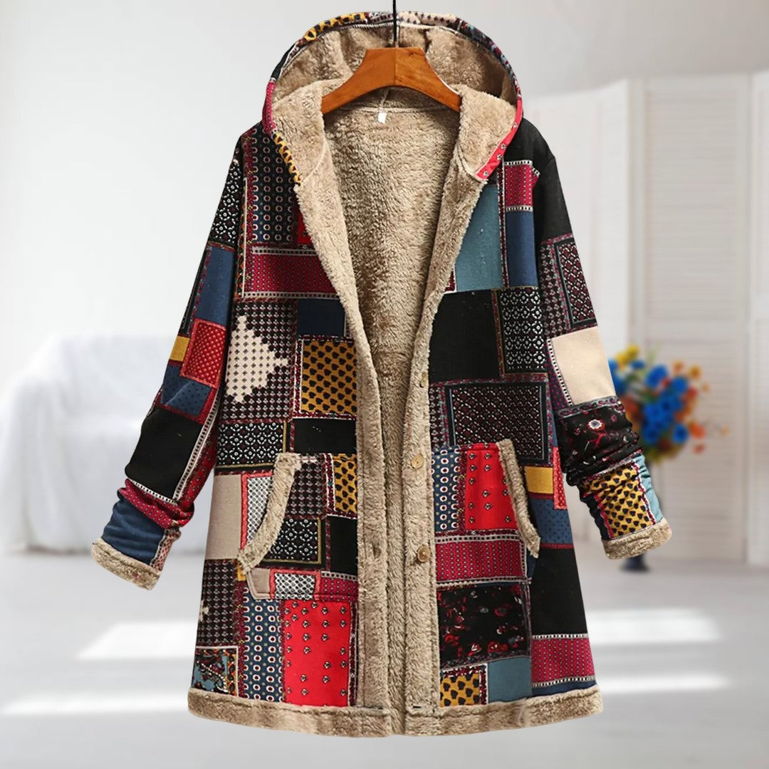 Women's Fleece-Lined Hooded Jacket in a Flower and Leaf Print - Red