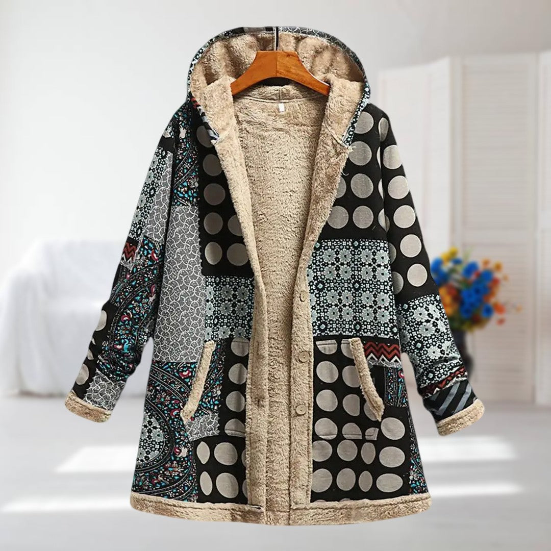 Women's Fleece-Lined Hooded Jacket in a Flower and Leaf Print - Black