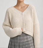 Women's V-Neck Cropped Button Cardigan in Chunky Knit - Cream