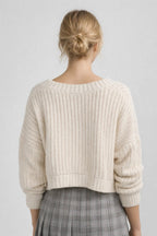 Women's V-Neck Cropped Button Cardigan in Chunky Knit