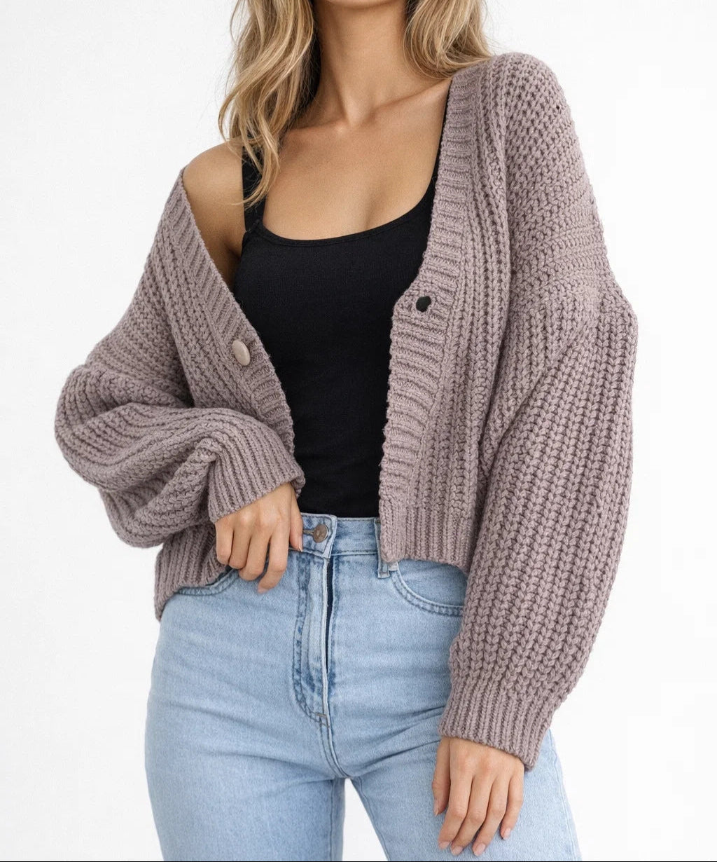 Women's V-Neck Cropped Button Cardigan in Chunky Knit - Taupe