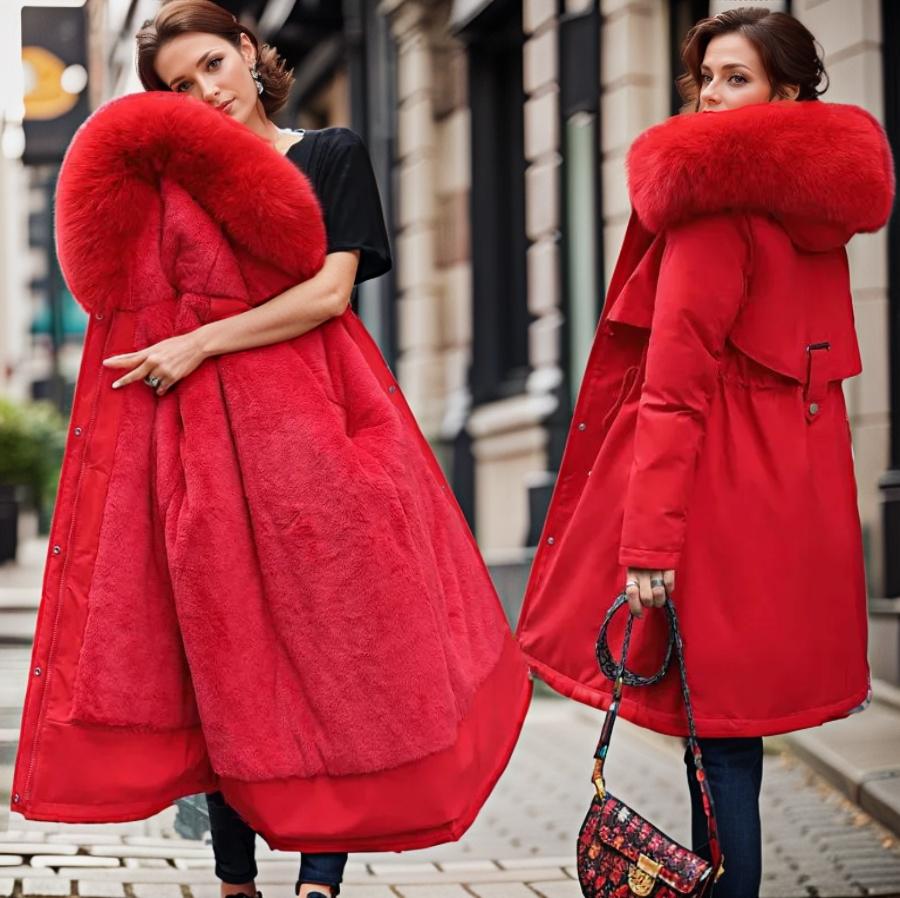 Women's Big-Hood Long Parka with Textured Trim and Front Pockets - Red