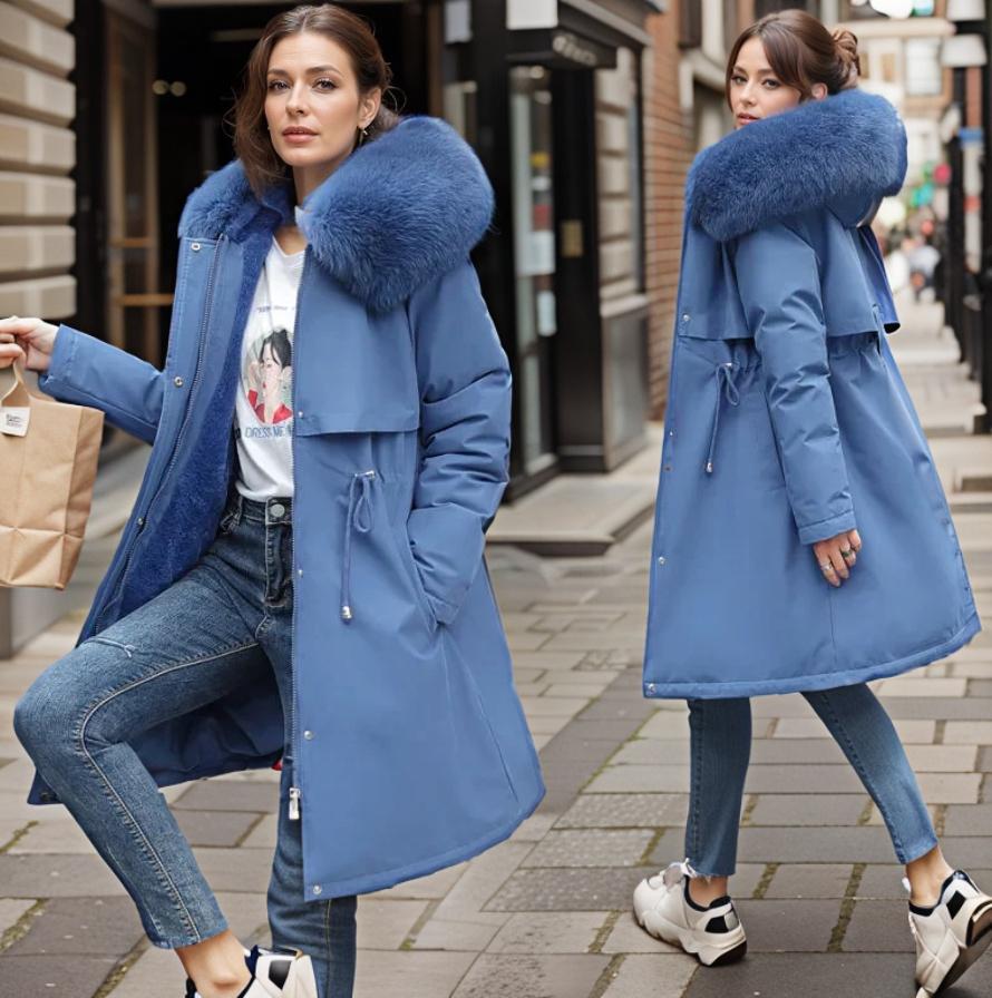 Women's Big-Hood Long Parka with Textured Trim and Front Pockets - Blue