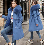 Women's Big-Hood Long Parka with Textured Trim and Front Pockets - Blue
