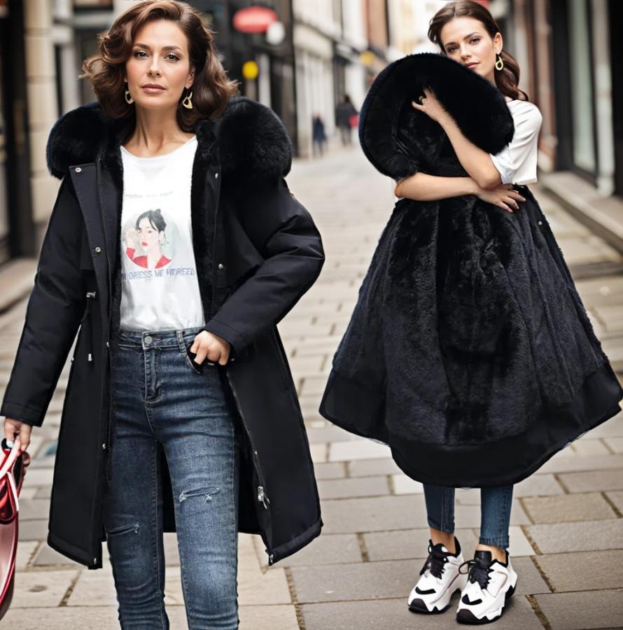 Women's Big-Hood Long Parka with Textured Trim and Front Pockets - Black