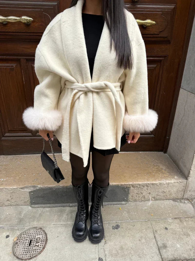 Women's Fur-Trim Cuff Wool Coat with Wide Shawl Collar and Tie Belt - White