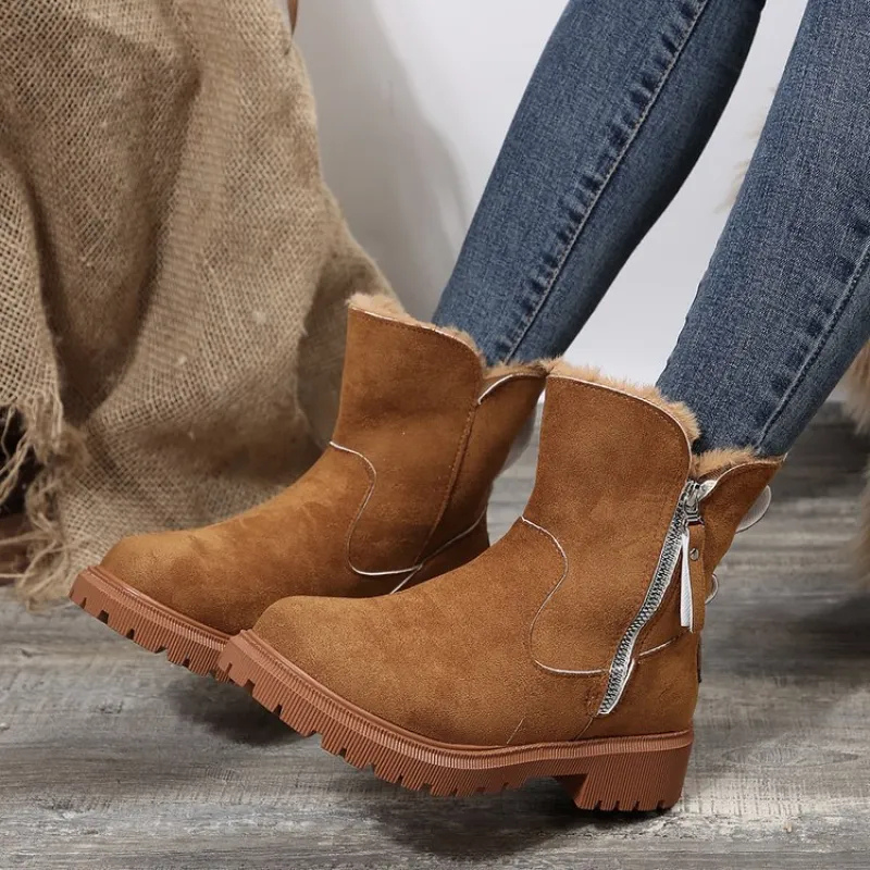 Women's Suede-Look Side-Zip Ankle Boots with Fluffy Faux-Fur Collar - Brown
