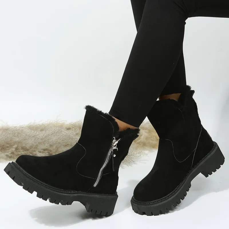 Women's Suede-Look Side-Zip Ankle Boots with Fluffy Faux-Fur Collar - Black