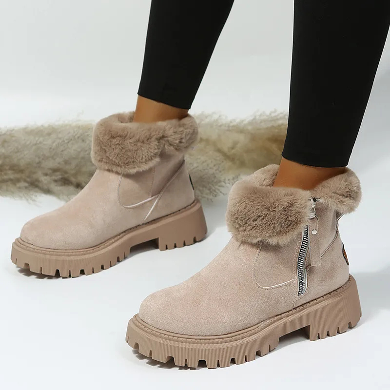 Women's Suede-Look Side-Zip Ankle Boots with Fluffy Faux-Fur Collar - Khaki