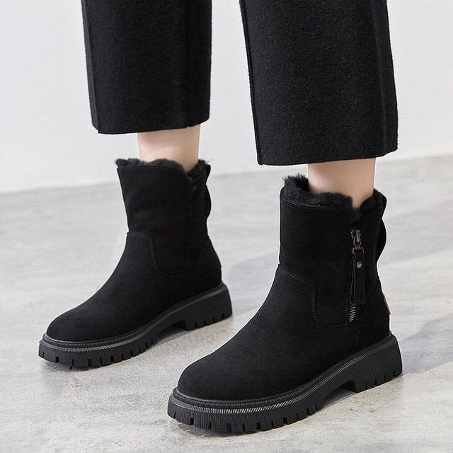 Women's Suede-Textured Water-Resistant Boots with Plush Lining - Black
