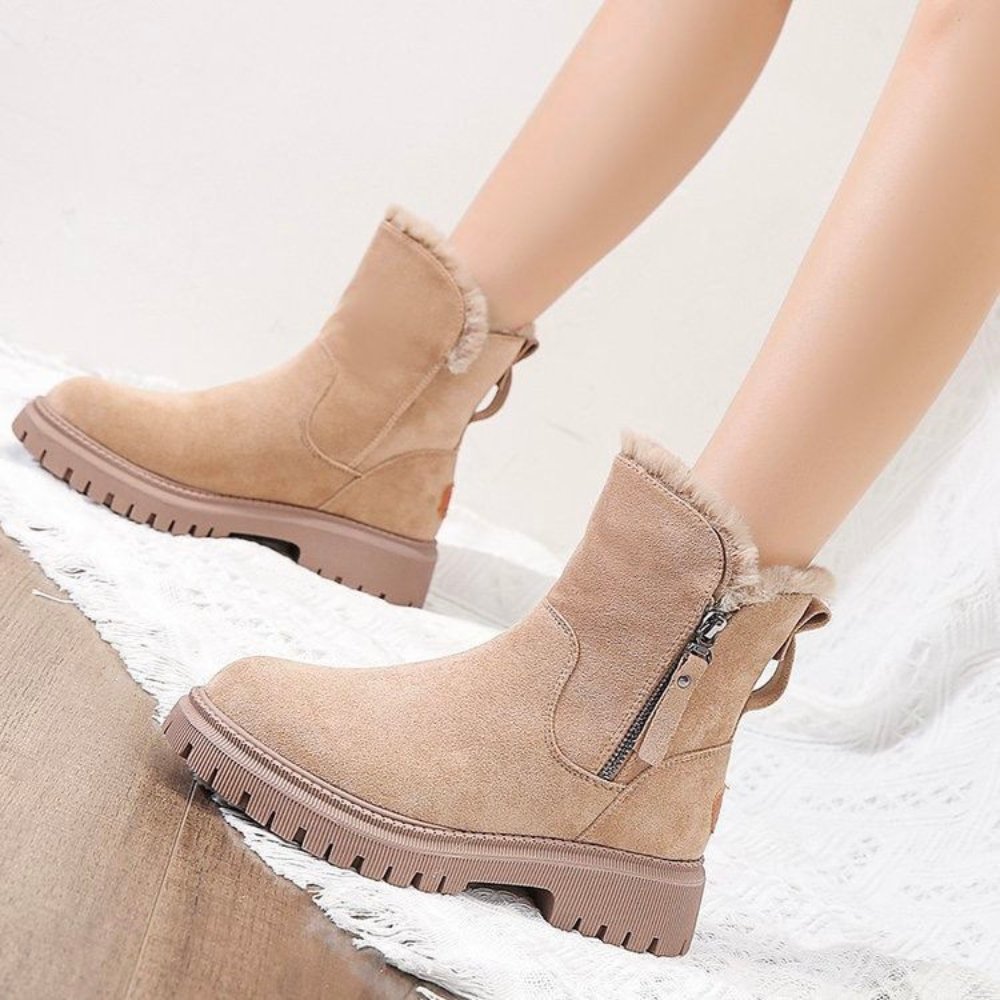 Women's Suede-Textured Water-Resistant Boots with Plush Lining - Beige