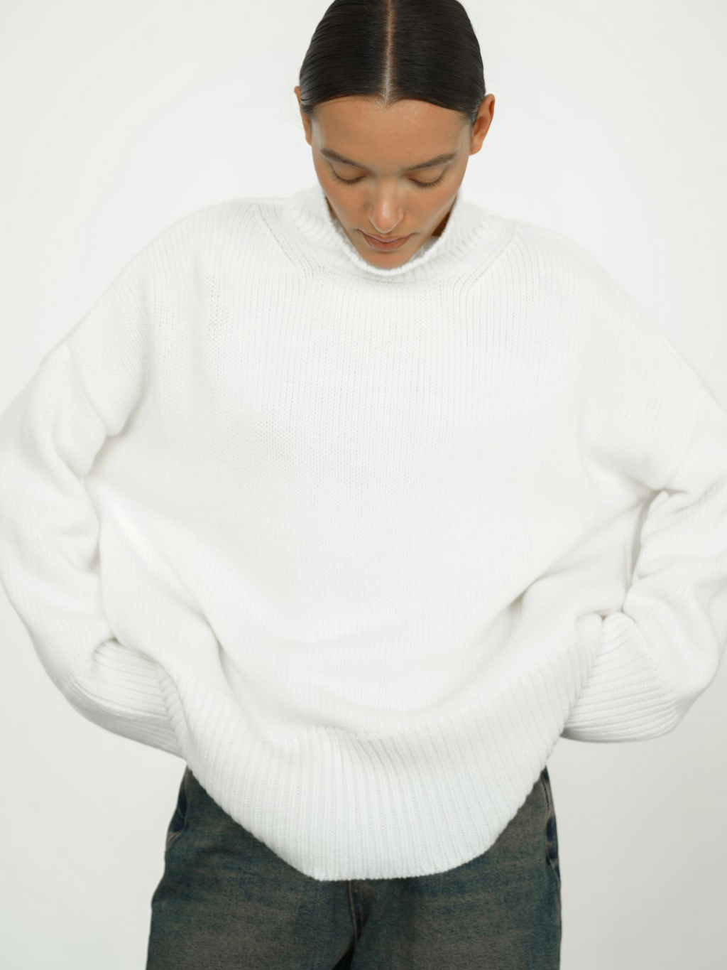 Women's Wool Blend Polo Neck Jumper with a Little Stretch - White