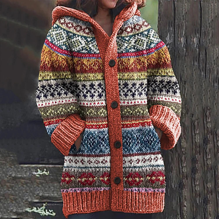 Women's Hooded Fair Isle Cardigan with Front Pockets and Ribbed Hem - Orange
