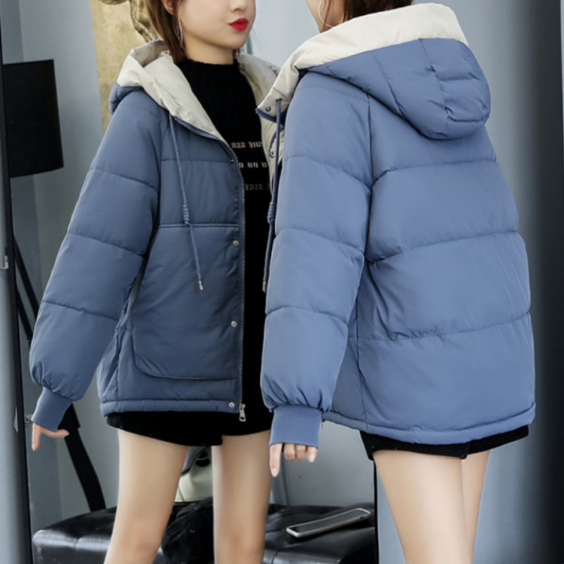 Women's Lightly Padded Drawstring-Hood Jacket in a Short Cut - Blue
