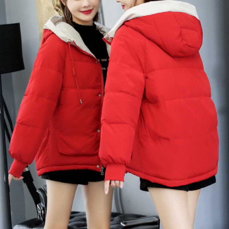 Women's Lightly Padded Drawstring-Hood Jacket in a Short Cut - Red