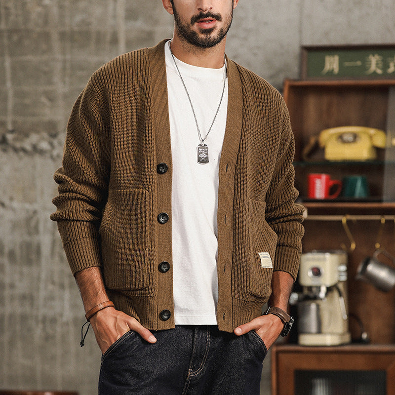 Men's Roomy-Pocket Thick Knit Cotton Cardigan in a Loose Cut - Brown
