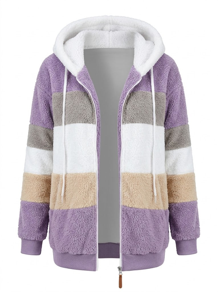 Women's Contrast-Stripe Teddy Fleece Jacket with Hood and Ribbed Hem - Light Purple