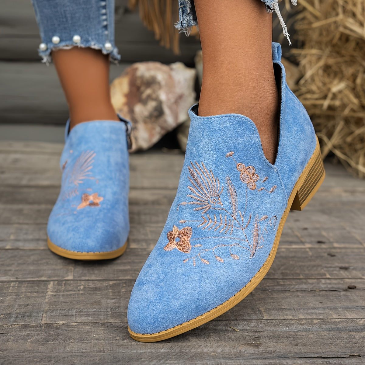 Women's Pointed V-Cut Ankle Boots with Stitched Embroidery - Sky Blue