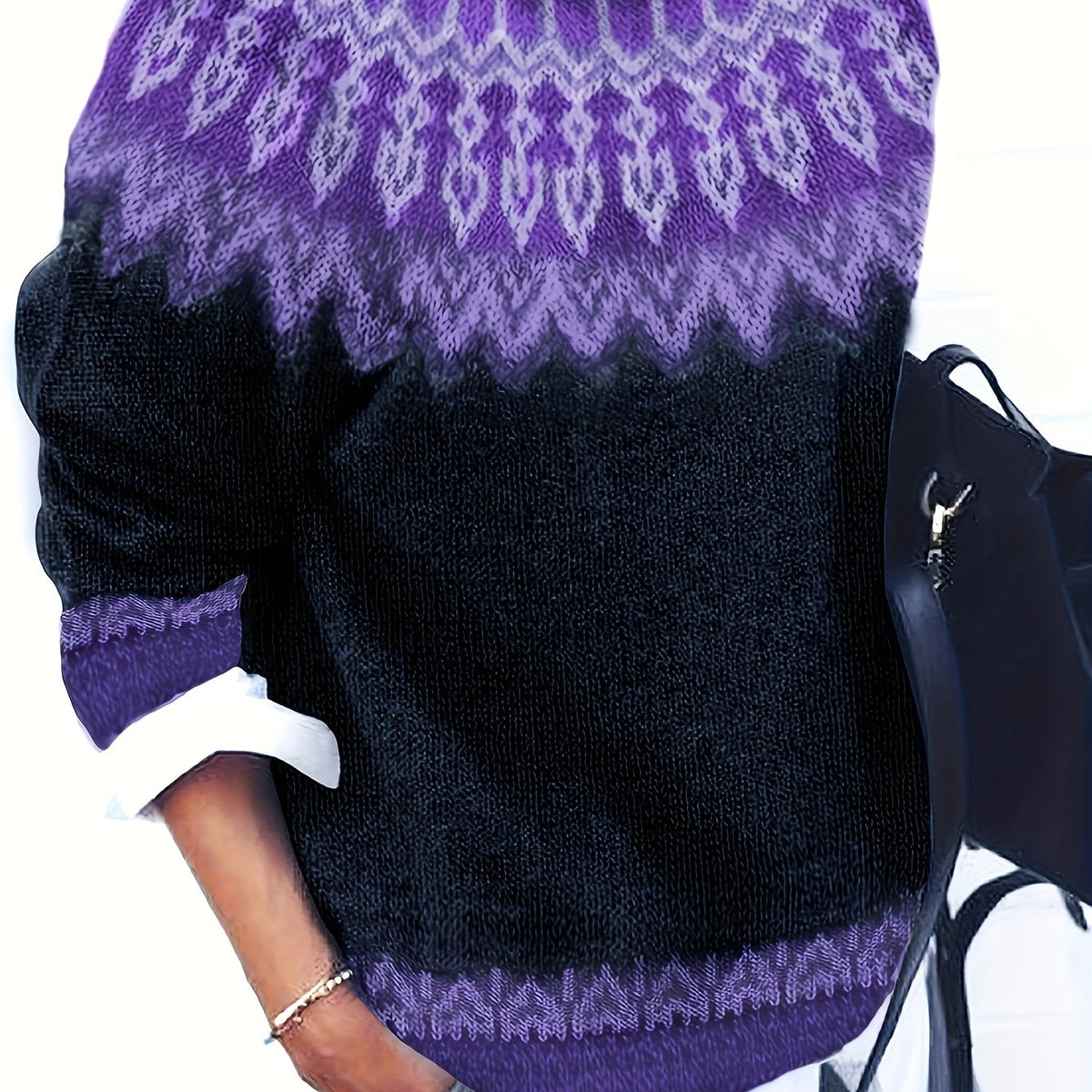 Women's Warm Jacquard Chunky Knit Jumper with Crew Neck - Purple