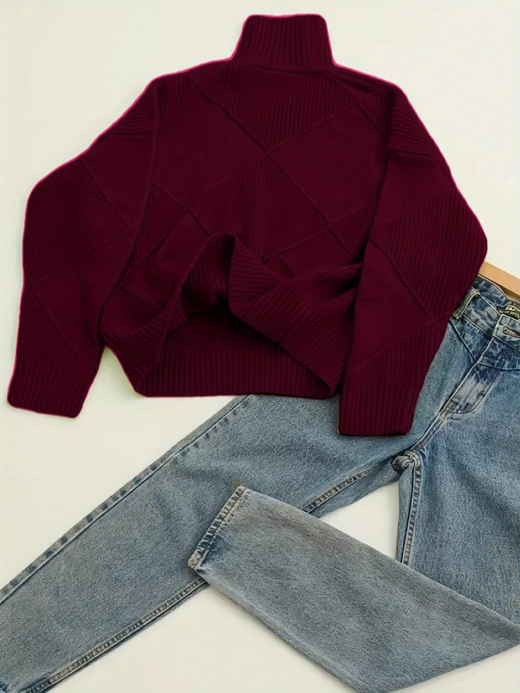 Women's Relaxed High Neck Jumper with Diamond Knit Pattern