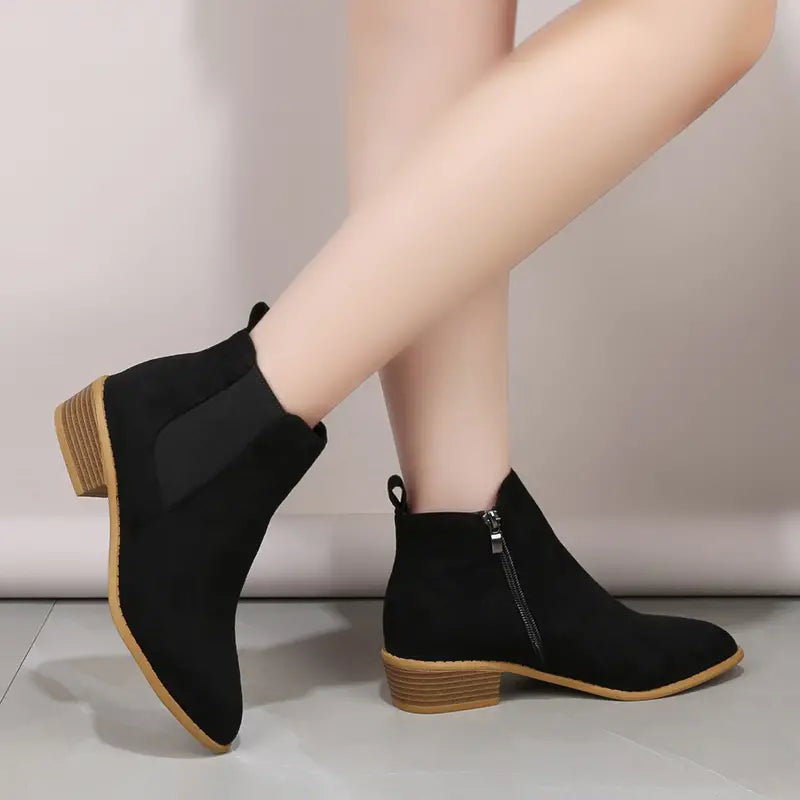 Women's Minimal Suede-Look Ankle Boots on a Low Block Heel - Black