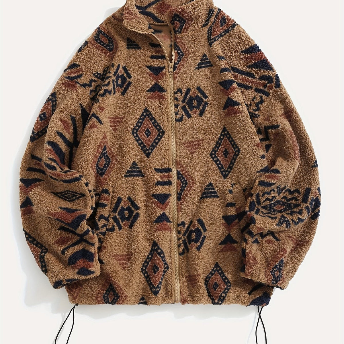 Women's All-Over Pattern Plush Jacket with Relaxed Fit and Zip - Rust