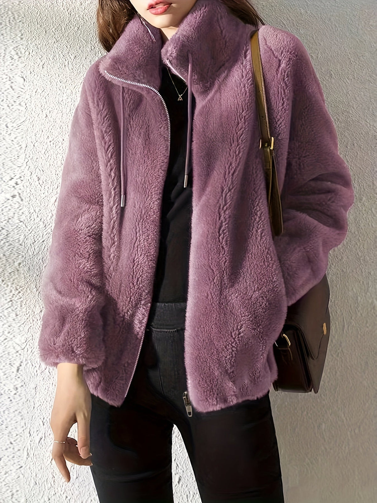Women's Drawcord-Collar Plush Teddy Jacket in a Regular Fit - Purple