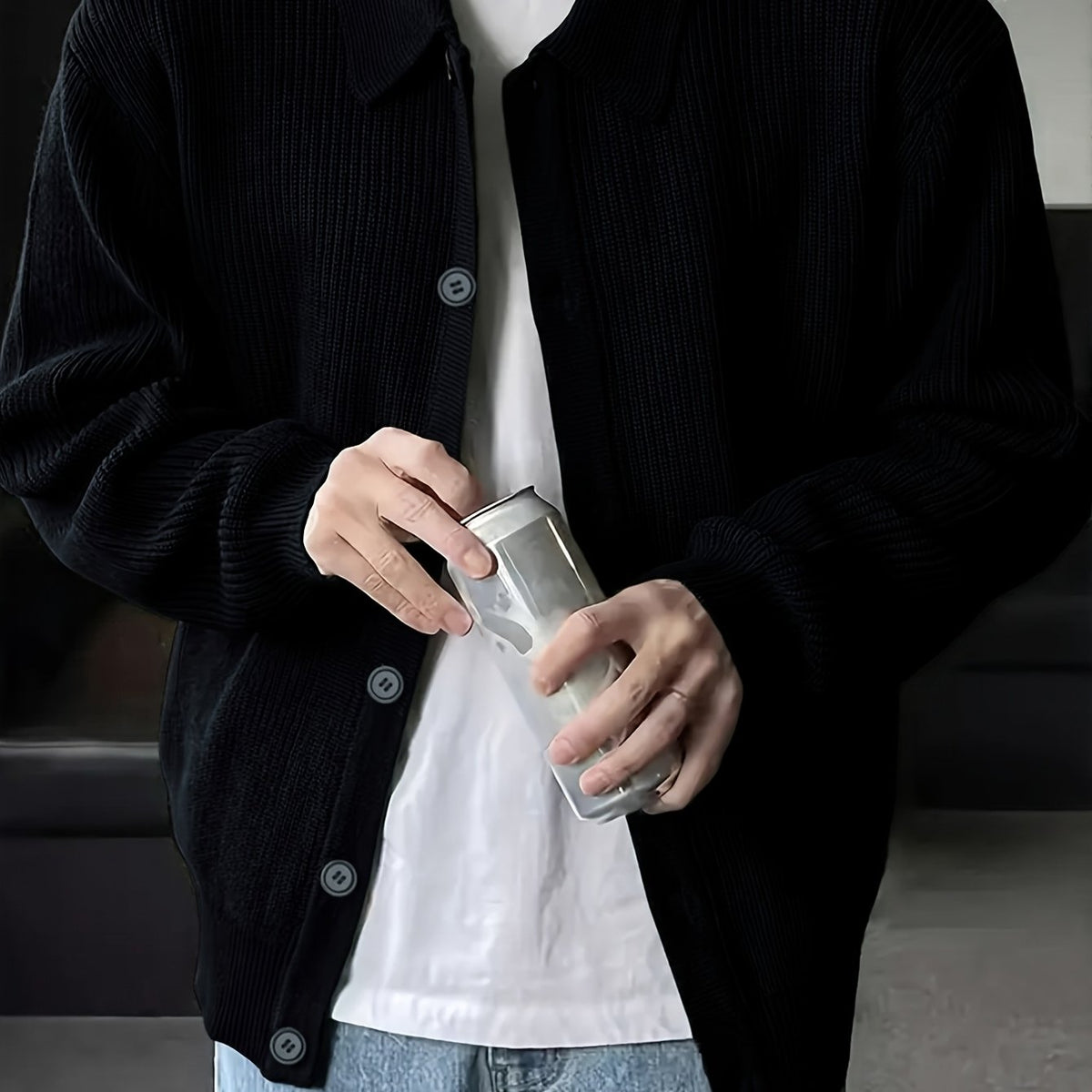 Men's Roomy Soft-Knit Cardigan with Traditional Collar - Black
