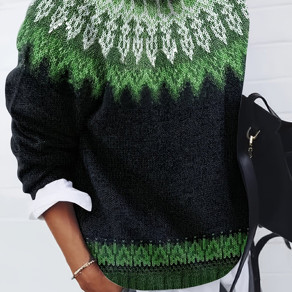 Women's Warm Jacquard Chunky Knit Jumper with Crew Neck - Emerald Green