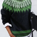 Women's Warm Jacquard Chunky Knit Jumper with Crew Neck - Emerald Green