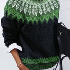 Women's Warm Jacquard Chunky Knit Jumper with Crew Neck - Emerald Green