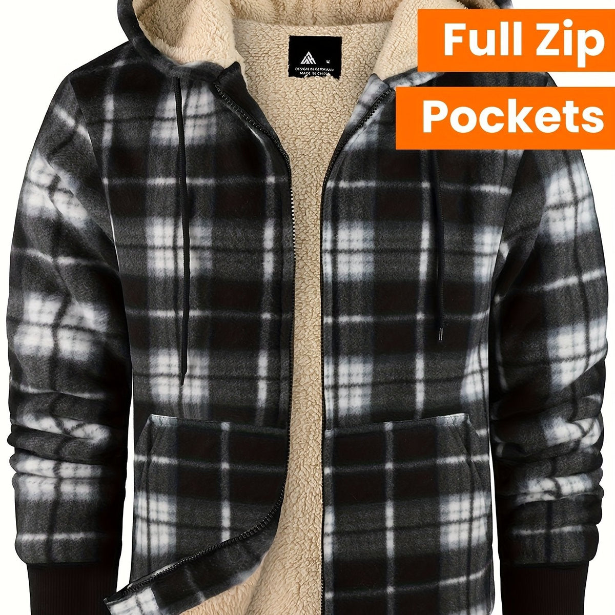 Men's Easy-Fit Hooded Jacket with Plush Lining and Front Pockets - Grid 01