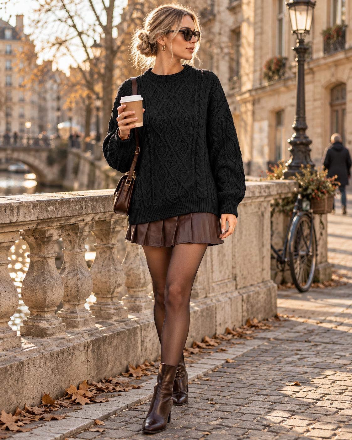 Women's Diamond and Cable Textured Crew Neck Jumper - Black